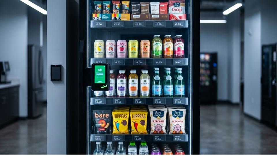 Smart vending cabinet stocked with coffee energy drinks and snacks for round-the-clock shift employees.