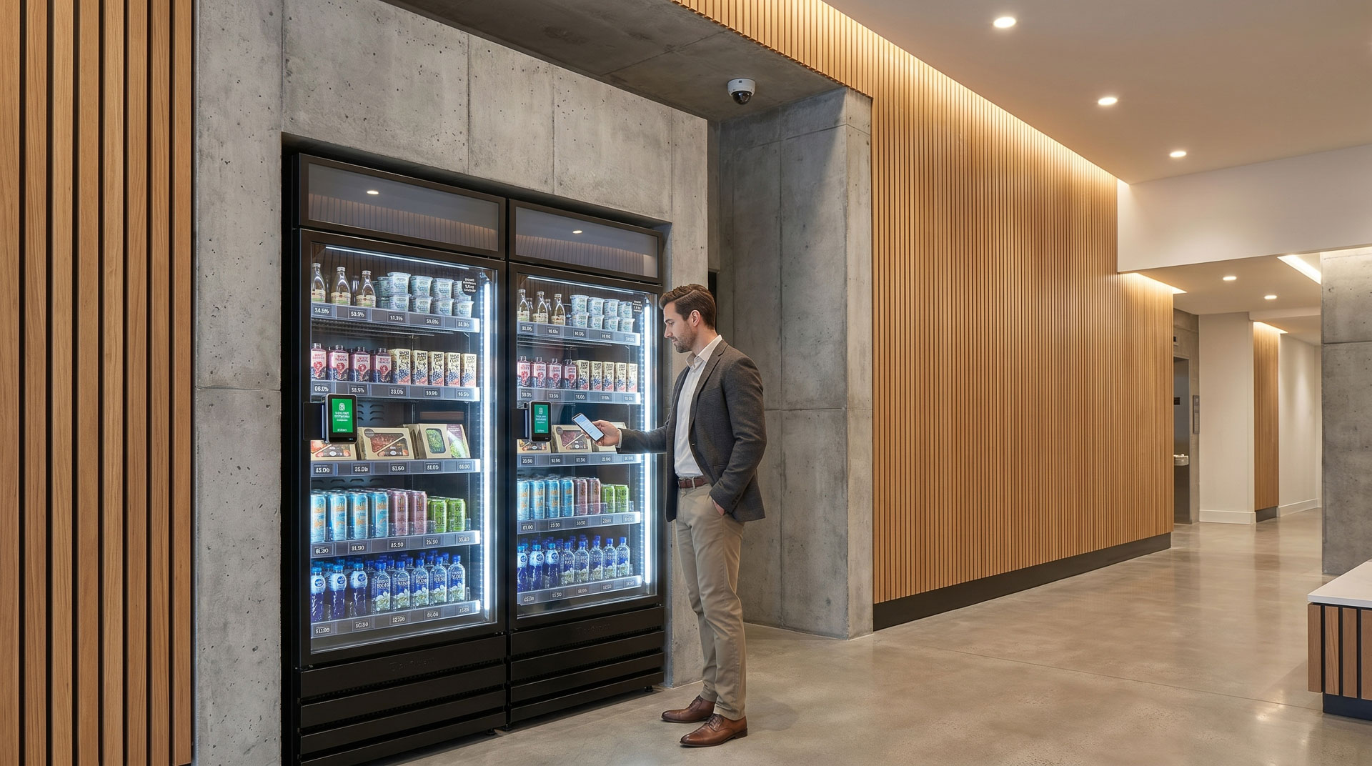 Resident using a smartphone at an AI Vending dual-unit smart store cashless payment terminal built into a concrete and wood-slat feature wall in a luxury Denver apartment lobby with integrated ceiling security camera.