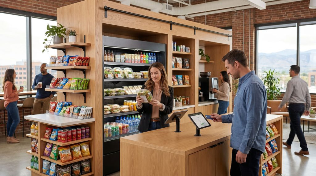 Employees using an open-concept micro-market snack station with oak wood
shelving and a tablet self-checkout kiosk in a bright modern Denver corporate
break room