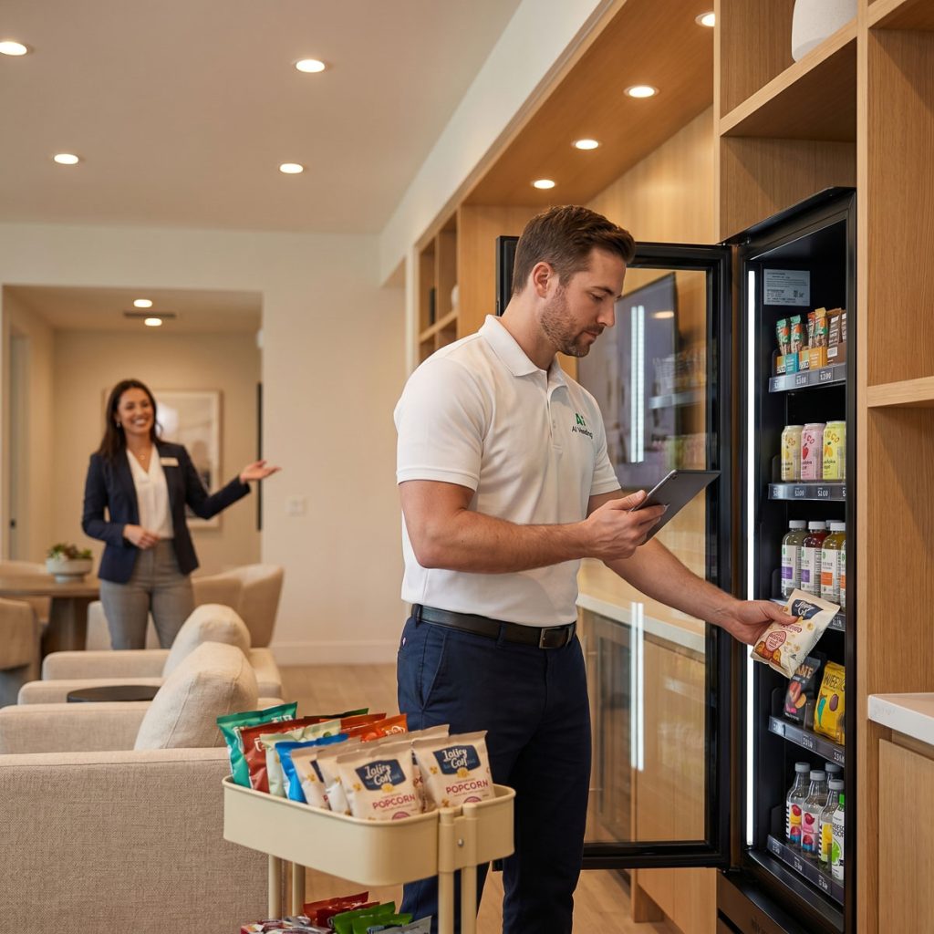 AI Vending service representative restocking an ambient smart store cabinet 
in a luxury apartment resident lounge using a real-time inventory tablet while 
a leasing agent conducts a property tour with a prospective resident in the 
background.