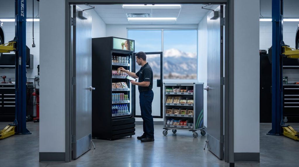 AI Vending uniformed service technician restocking a smart vending unit with 
fresh meals and energy drinks in a Denver car dealership back-of-house employee 
corridor using a real-time inventory tablet with Rocky Mountain views through 
the window.