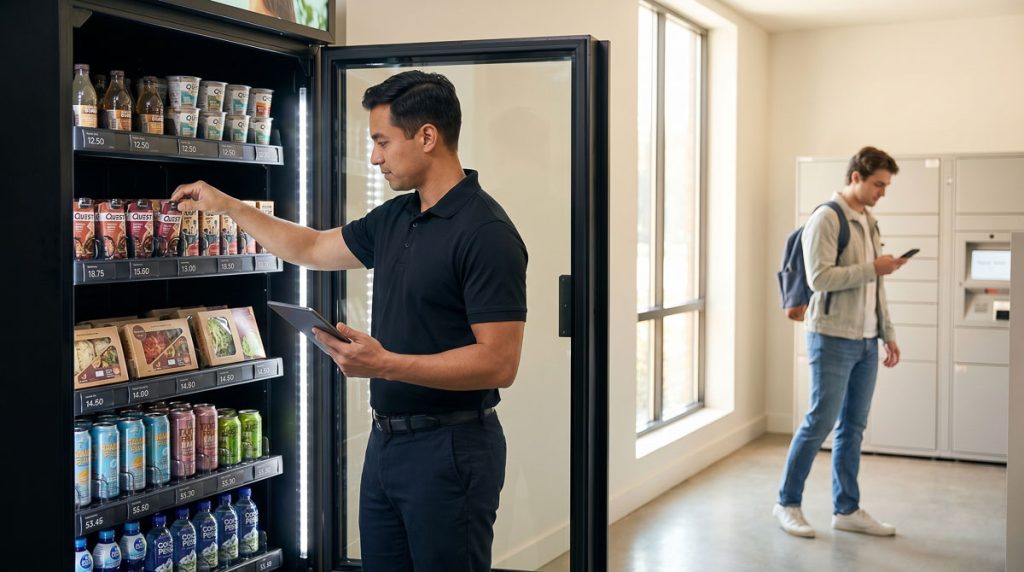 AI Vending service representative restocking a smart vending cabinet with
fresh snacks and meals in a modern apartment mailroom corridor while a
resident picks up a package undisturbed in the background.