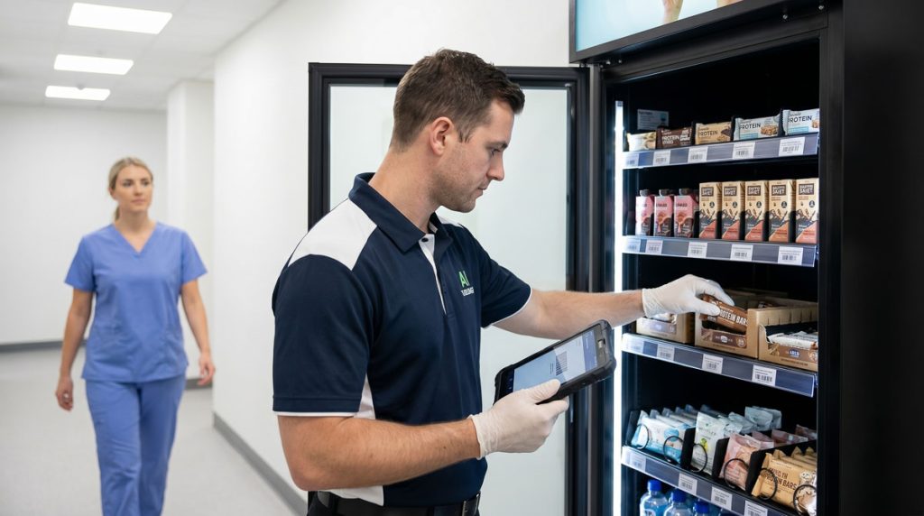 An AI Vending uniformed service representative wearing gloves and using a tablet
to restock a smart vending cabinet in a medical office building corridor, with
hospital staff walking past undisturbed.