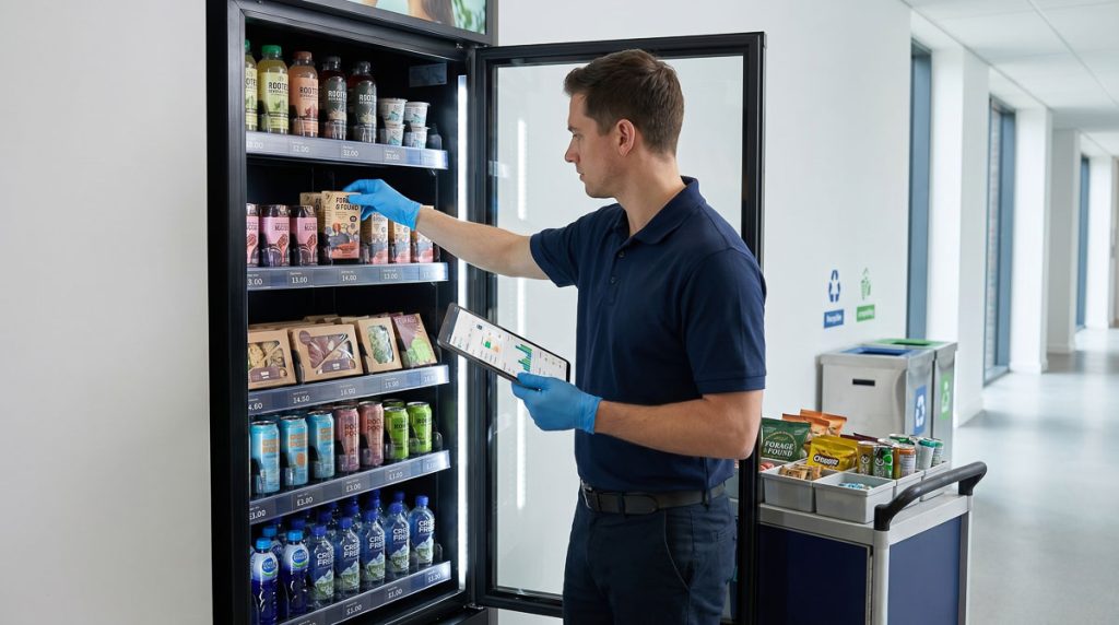 Uniformed AI Vending service representative wearing gloves and using a tablet
for real-time inventory sync while restocking a smart vending unit in a bright
modern corridor with recycling and composting bins visible in the background.