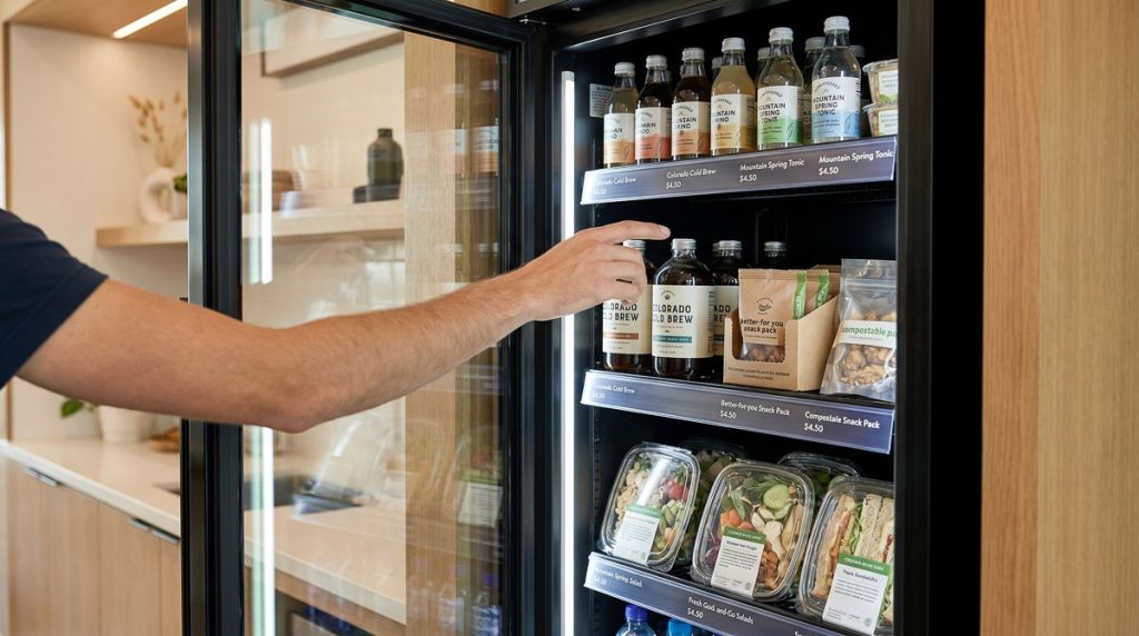 Resident reaching into an open AI Vending refrigerated smart cabinet stocked
with premium local Colorado brand drinks and organic snacks with a digital
cashless checkout interface visible on the inner door panel.