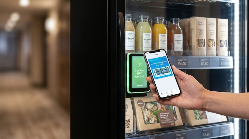 Resident scanning a free credit barcode on a smartphone at an AI Vending
cashless smart cabinet terminal stocked with premium local snacks and cold
beverages in a luxury apartment building