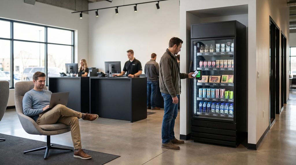 Customer using a smartphone cashless payment terminal on an AI Vending smart 
cabinet in a modern Denver car dealership service check-in waiting area while 
another customer works on a laptop nearby.