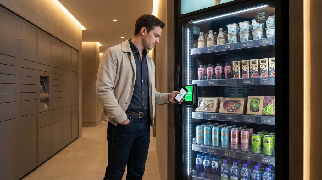 Resident tapping a smartphone on an AI Vending smart cabinet cashless payment
terminal in a modern apartment mailroom corridor stocked with fresh meals,
coffee, and everyday essentials.
