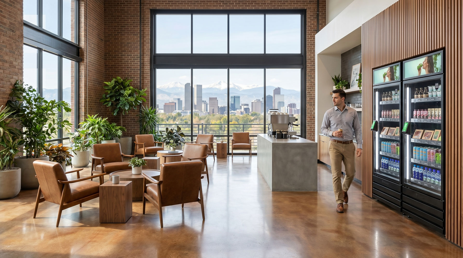 AI Vending dual-unit smart store integrated into a wood-slat feature wall beside a self-service coffee bar in a high-end Denver car dealership customer lounge with Rocky Mountain views and a customer holding a local cold brew.