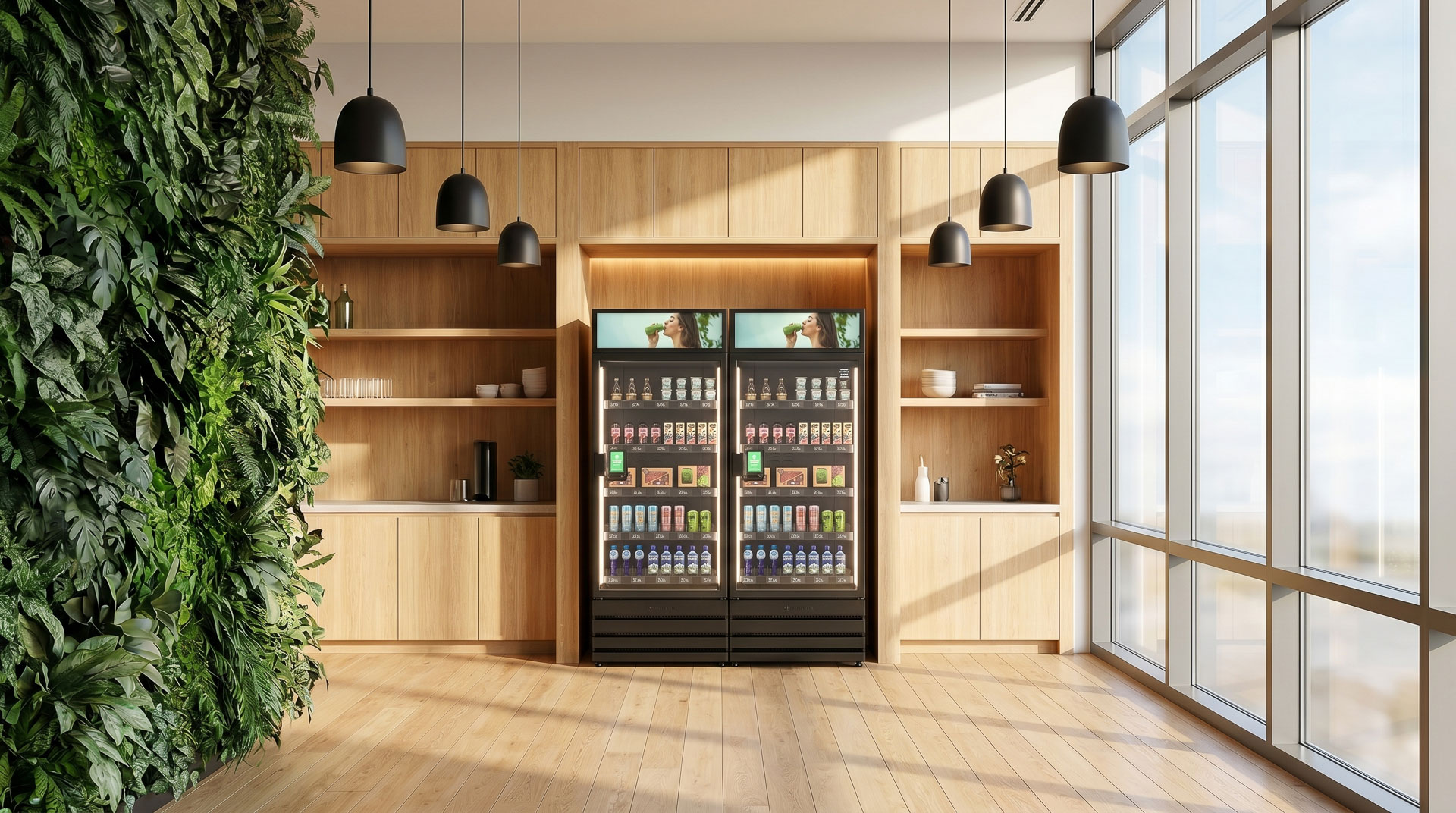 AI Vending dual-unit smart store integrated into a wood-paneled alcove in a modern eco-conscious Denver office lounge featuring a living vertical plant wall, organic snacks, and glass-bottled local Colorado drinks.