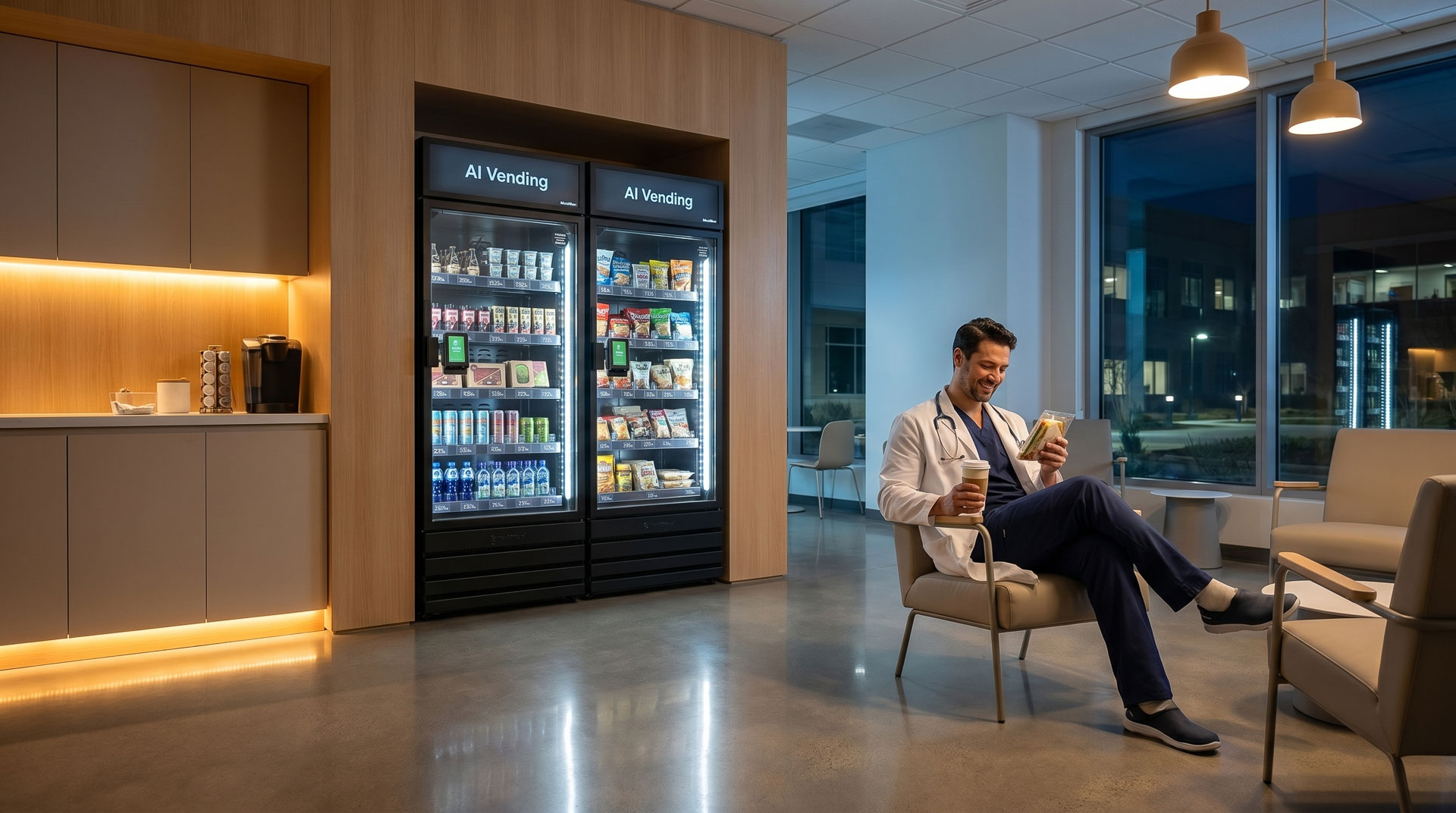 A doctor in scrubs holding a fresh meal and coffee in front of an AI Vending smart store cabinet in a modern hospital staff break room during night shift