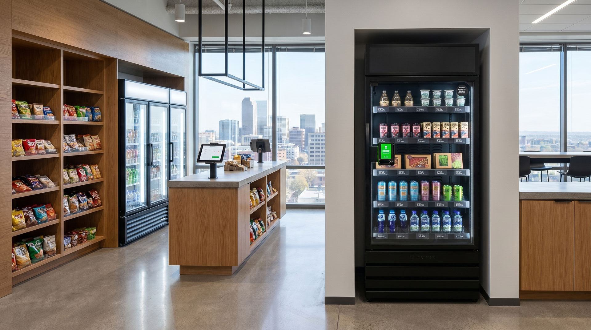 Side-by-side comparison of an open-concept micro-market and an AI Vending smart store cabinet in a modern Denver corporate breakout lounge with polished concrete floors and floor-to-ceiling windows.