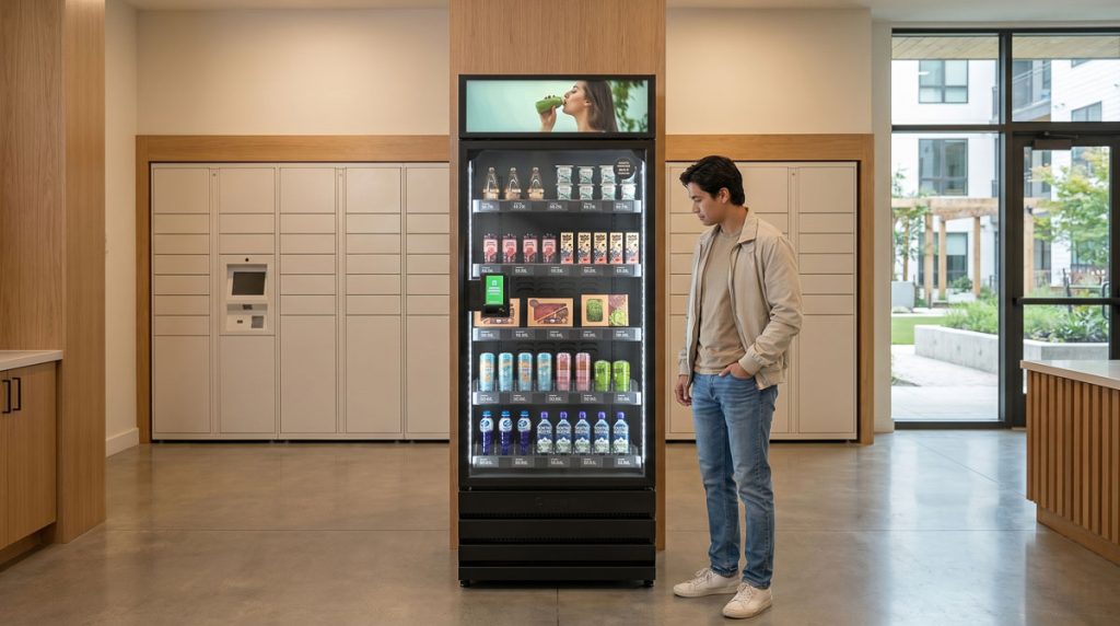 Resident browsing an AI Vending glass-front smart vending cabinet positioned
in a bright modern residential mailroom and package pickup area with clear
traffic flow and smart package lockers in the background.