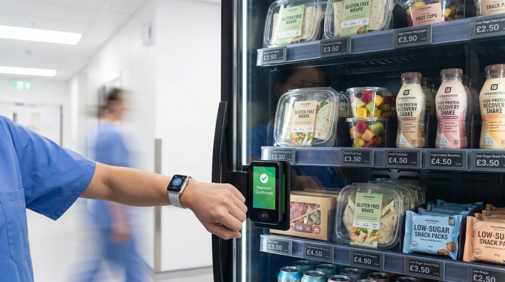 A nurse tapping a smartwatch on an AI Vending smart cabinet cashless NFC payment
terminal in a modern hospital corridor, with premium healthy food options visible
through the glass door