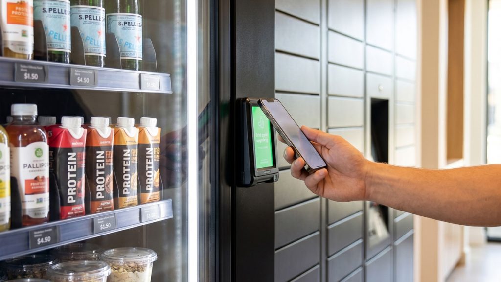 Resident tapping a smartphone on an AI Vending smart store cabinet cashless
NFC payment reader in a well-lit residential mailroom next to premium package
lockers, with sparkling waters, protein shakes, and fresh breakfast options
visible through the glass door.