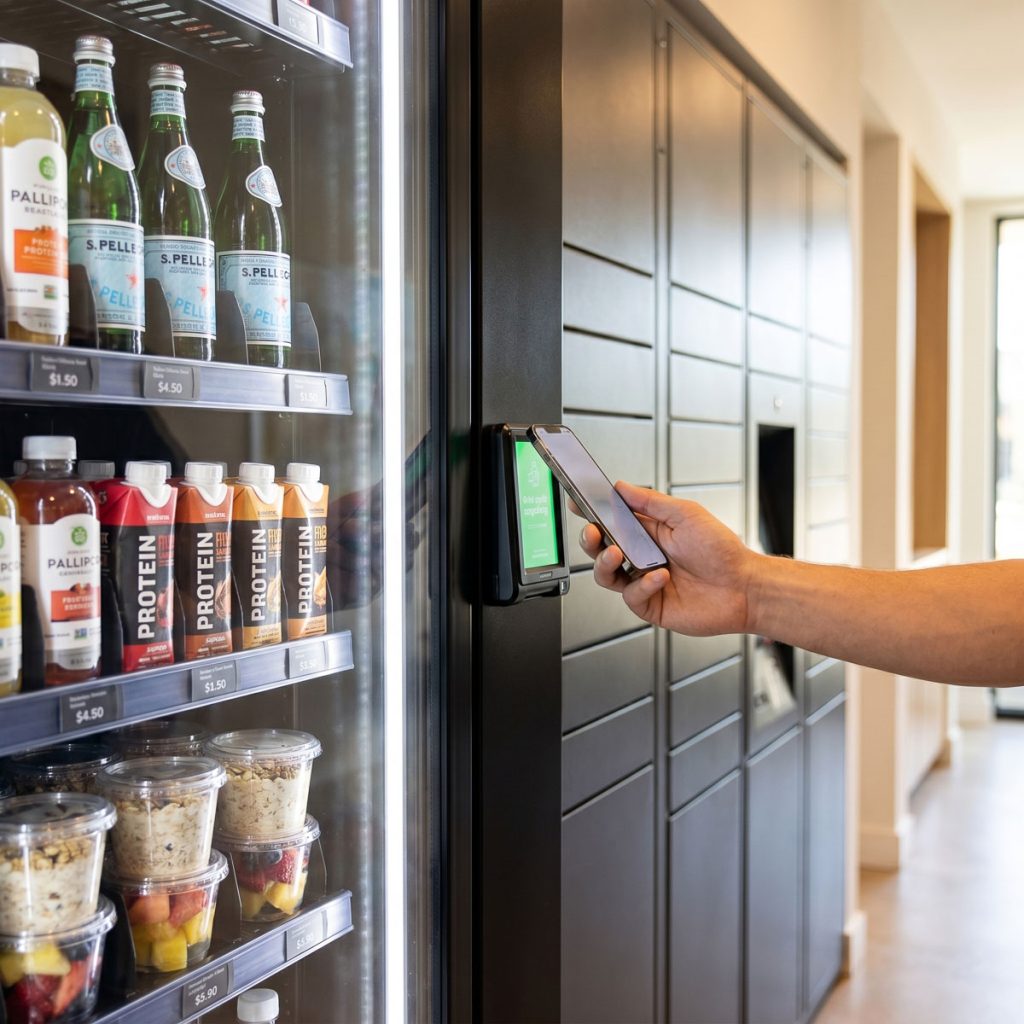 Resident tapping a smartphone on an AI Vending smart store cabinet cashless 
NFC payment reader in a well-lit residential mailroom next to premium package 
lockers, with sparkling waters, protein shakes, and fresh breakfast options 
visible through the glass door.