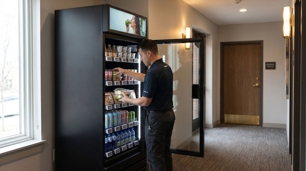 Staff restocking items in a modern smart store vending machine.