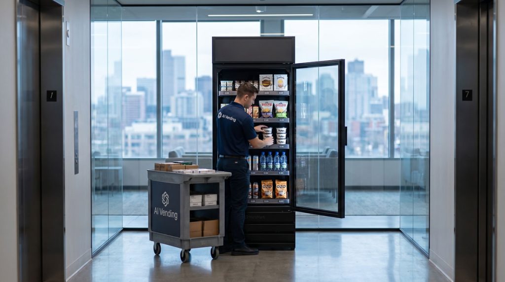 On-site service operator manually stocking fresh food and drinks into an AI-powered smart store.