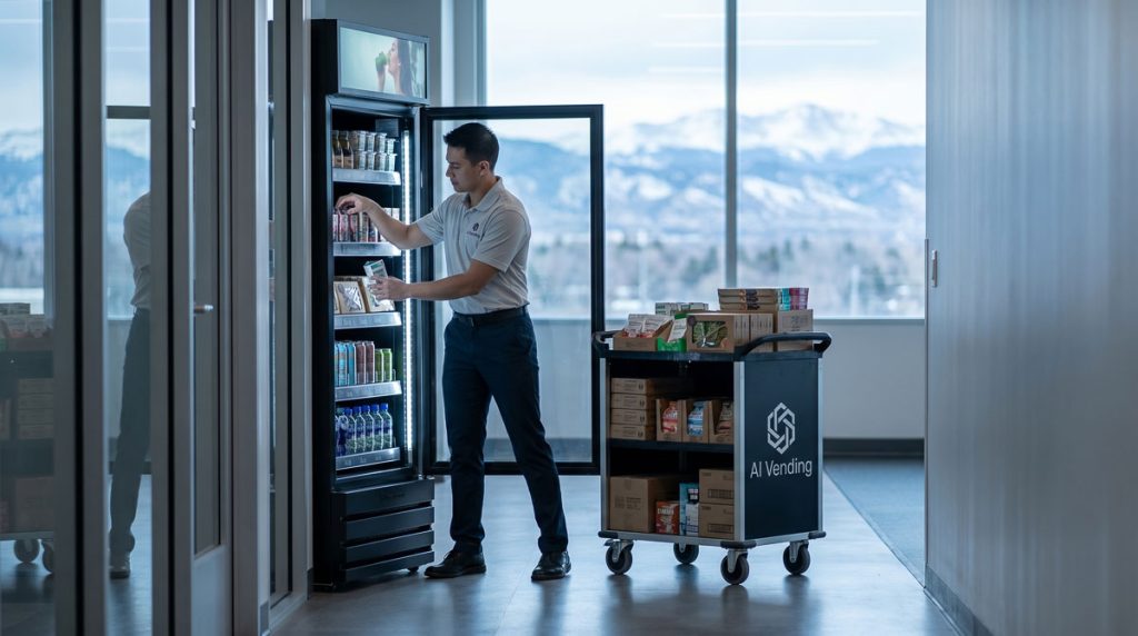 Smart store technician providing on-site support by restocking product inventory in an automated kiosk.