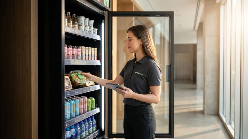 Vending company employee providing exceptional service while restocking a smart retail display.