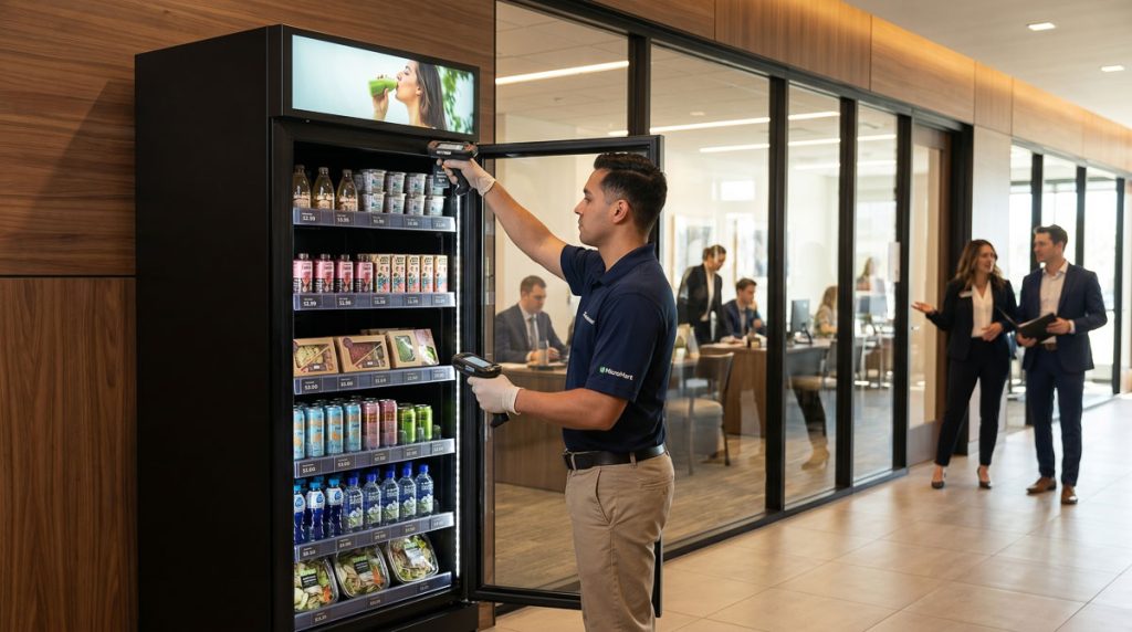 AI vending technician performing a maintenance and inventory check on an automated kiosk.
