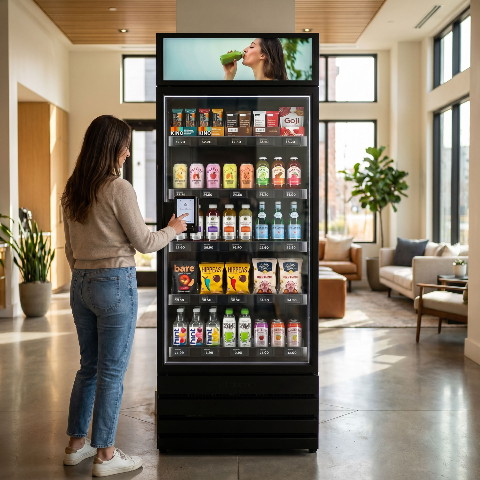 Smart vending cabinet in a modern multifamily apartment lobby supporting resident amenities and rent value.
