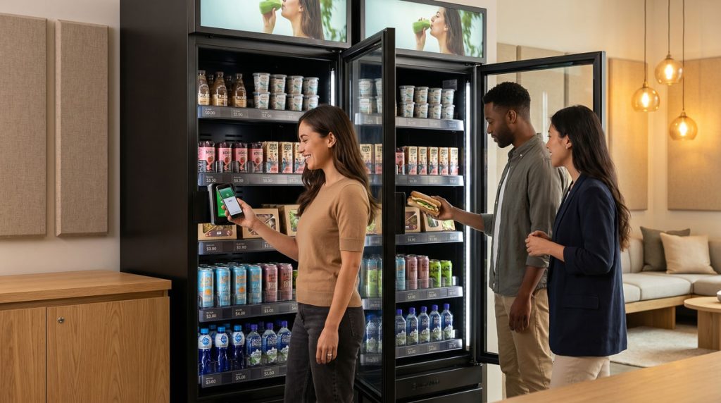 Three smiling colleagues browsing the snack selection at an office micro-market.