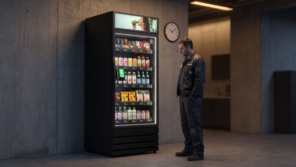 Maintenance employee using a smart vending machine during a late shift or after-hours break