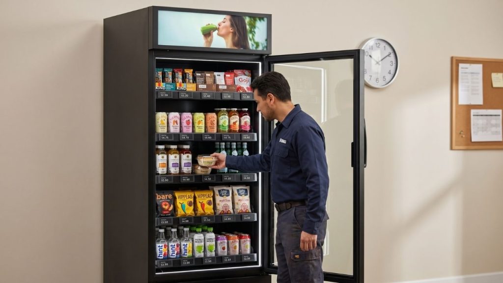 Employee selecting a meal and drink option from a smart vending machine stocked for blue-collar workers