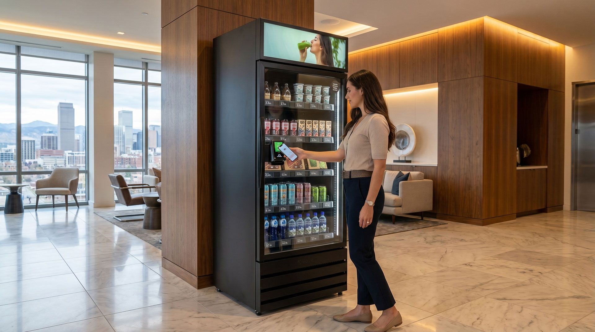 Female professional purchasing food from an automated smart store in a workplace lobby.