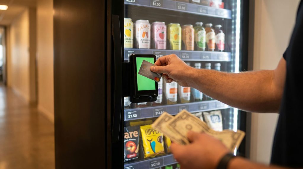 Person choosing cashless tap-to-pay over cash at a smart vending cabinet removing payment friction at work.