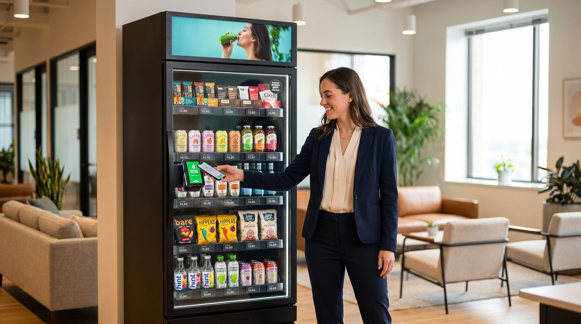 Cashless smart vending machine in a modern workplace common area with tap-to-pay mobile wallet payment.