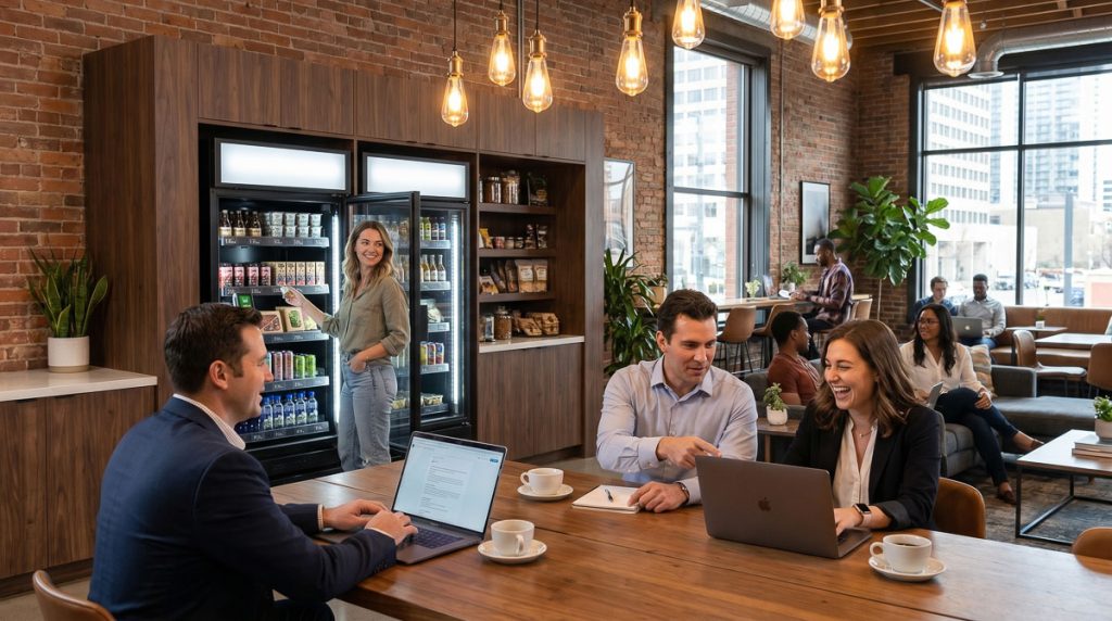 Shared office amenities showcasing a frictionless smart retail station for remote workers.