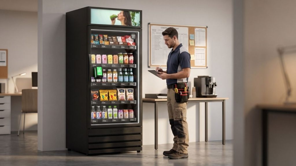 Vending technician performing a routine service and restocking check at a construction office smart vending machine
