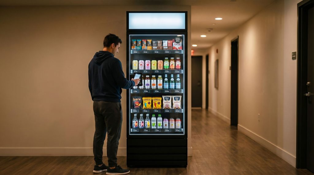 Apartment resident using a smart vending cabinet at night in a multifamily building common area corridor.