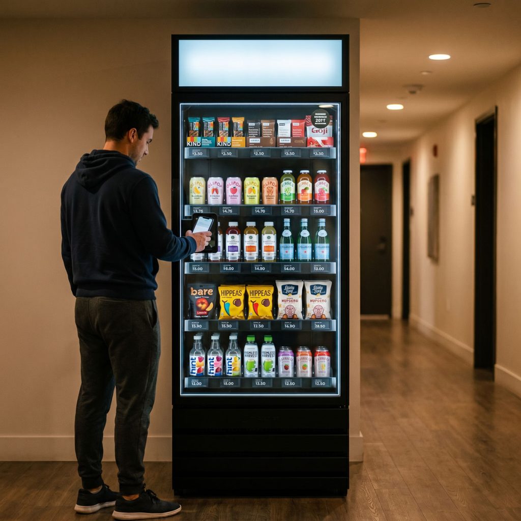 Apartment resident using a smart vending cabinet at night in a multifamily building common area corridor.