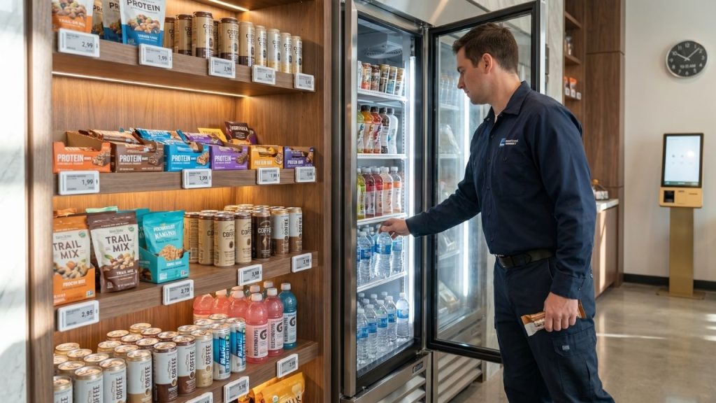 Route driver grabbing a quick snack and drink from a micro market during a short distribution center break