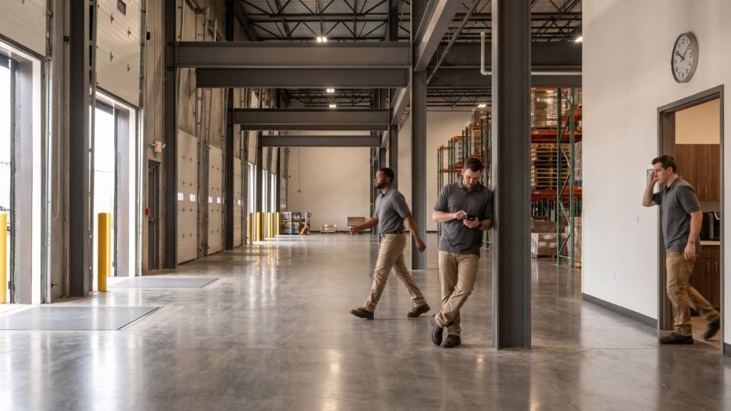 Distribution center employees moving between dock and breakroom areas during a busy shipping wave