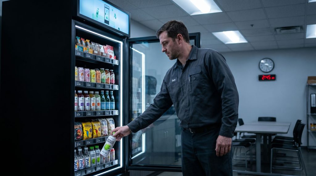 Night shift worker grabbing a meal and drink from a break room vending cabinet during a late work shift.
