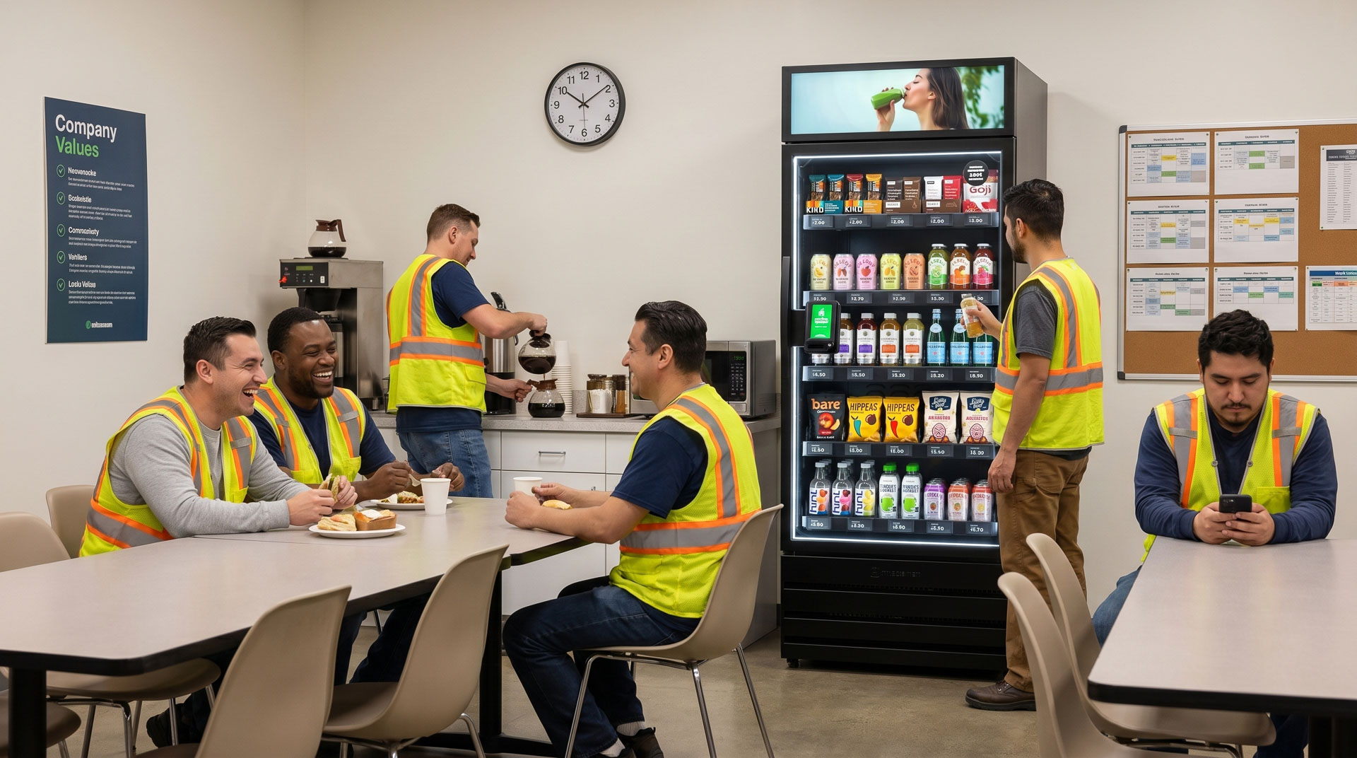 Manufacturing employees enjoying a well-equipped breakroom with smart vending as part of an employee retention strategy.