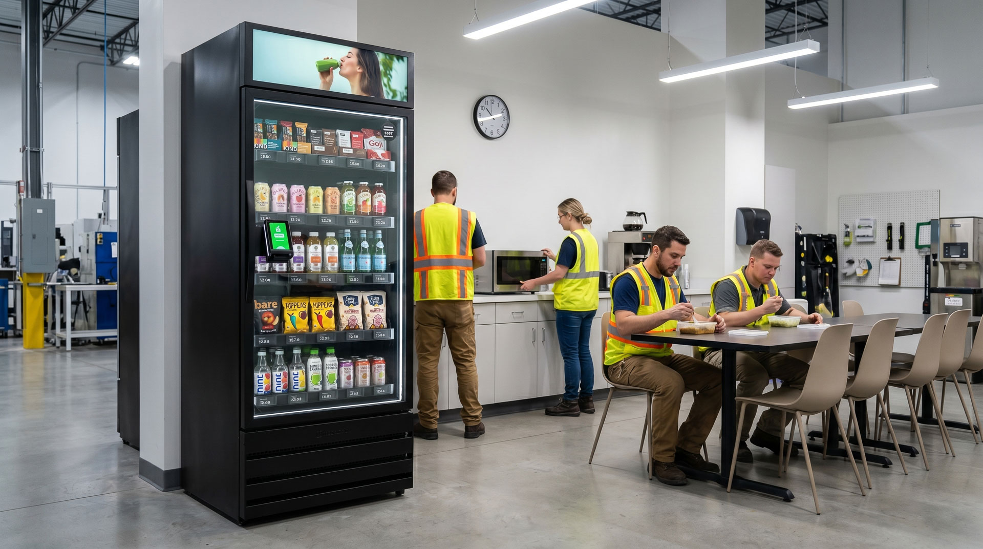 Upgraded factory breakroom with smart vending cabinet helping timed-break employees grab food and drinks faster.