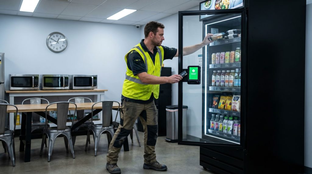 Factory worker completing a fast purchase at a breakroom vending cabinet before sitting down during a short timed break.