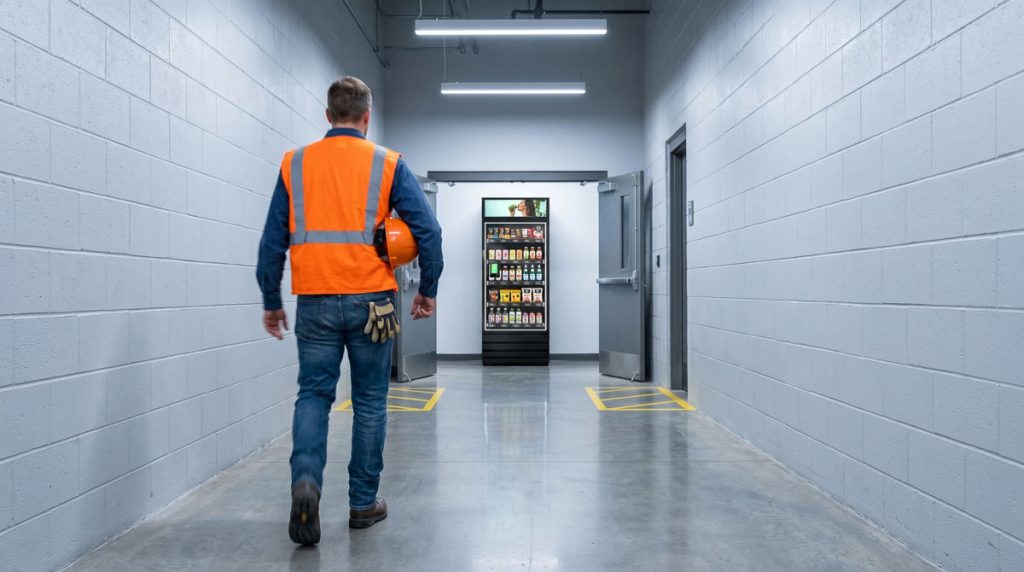 Factory production worker walking quickly from the production floor to a nearby breakroom vending cabinet during a timed break.