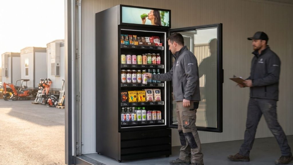 Field service crew accessing a vending machine during an early morning shift change at a recurring jobsite support area