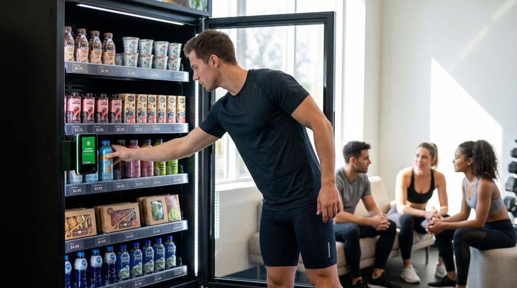 Three people chatting while a man buys a recovery drink at a gym micro-market after a workout.