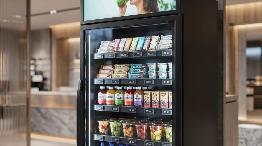 Selection of customized healthy snacks and beverages displayed inside an automated micro-market.