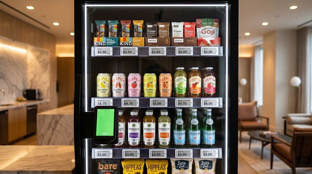 Smart vending cabinet shelves showing a balanced healthy and familiar product mix in a luxury office or apartment building.