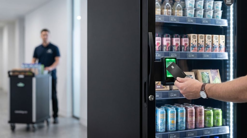 Resident tapping a credit card on an AI Vending smart cabinet cashless payment
terminal with a uniformed service representative and inventory cart visible in
the blurred background corridor.