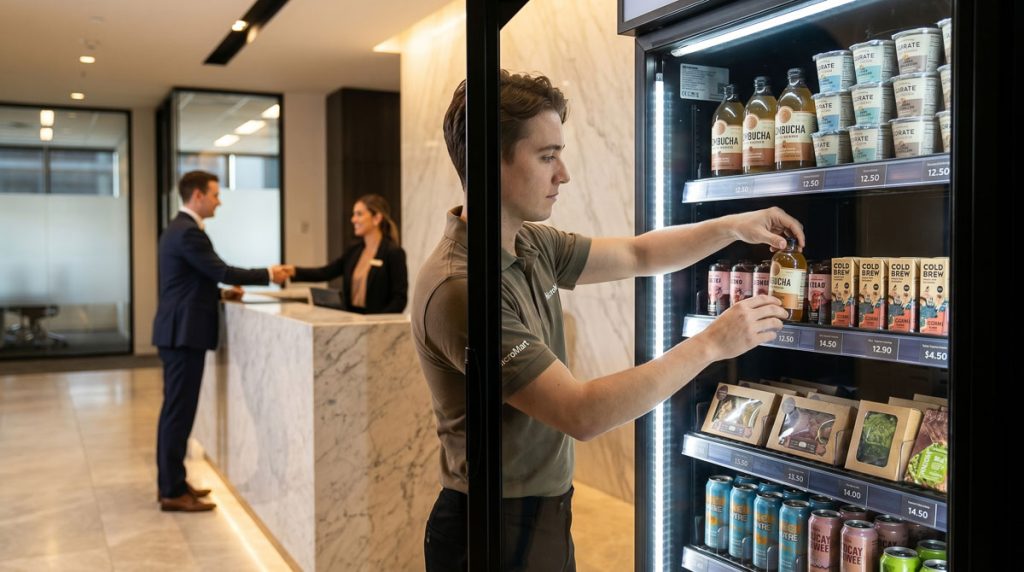 AI vending service staff member working alongside a lobby receptionist greeting a corporate visitor.