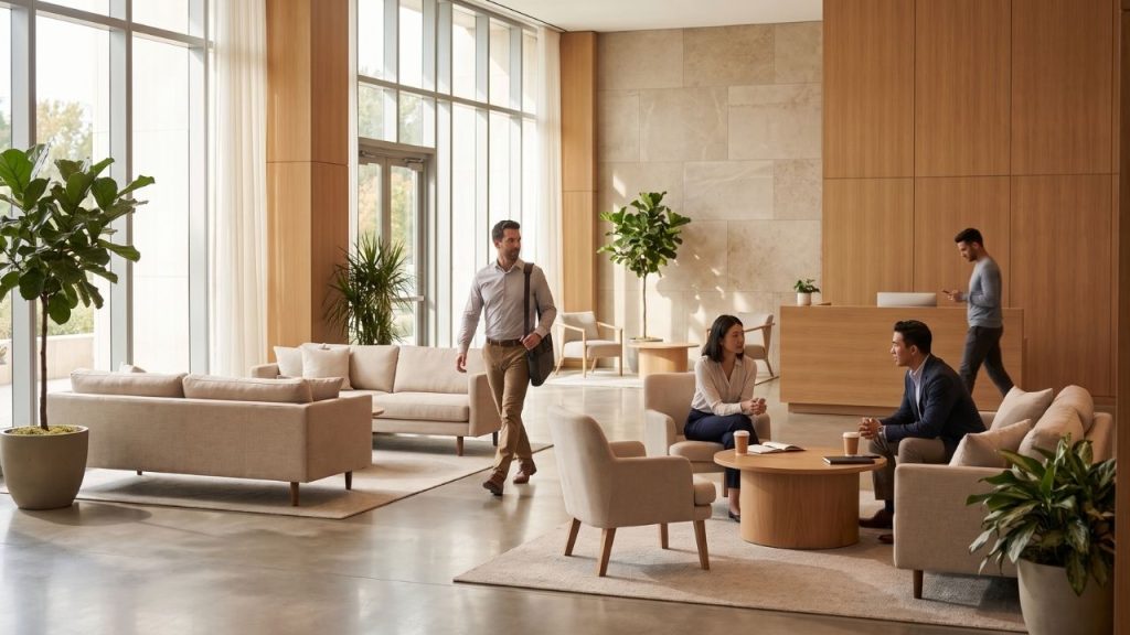 Office tenants moving through a building lobby and lounge on a busy hybrid work anchor day